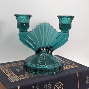 Jeannette Glass Ultramarine Swirl Double Green Candlestick Candle Holder Fan